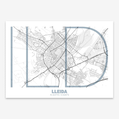 The map of Lleida composed with letters in extra light font printed on black and white