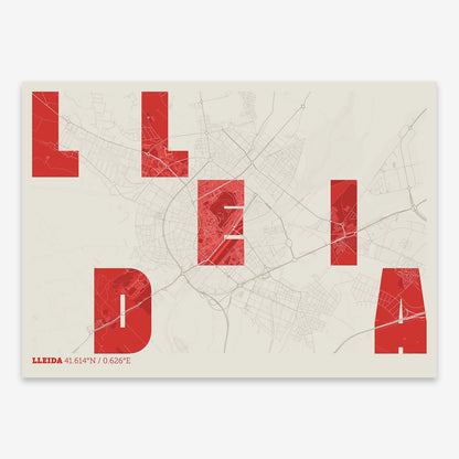 The map of Lleida with letters of its name placed randomly, designed in red and an off-white background