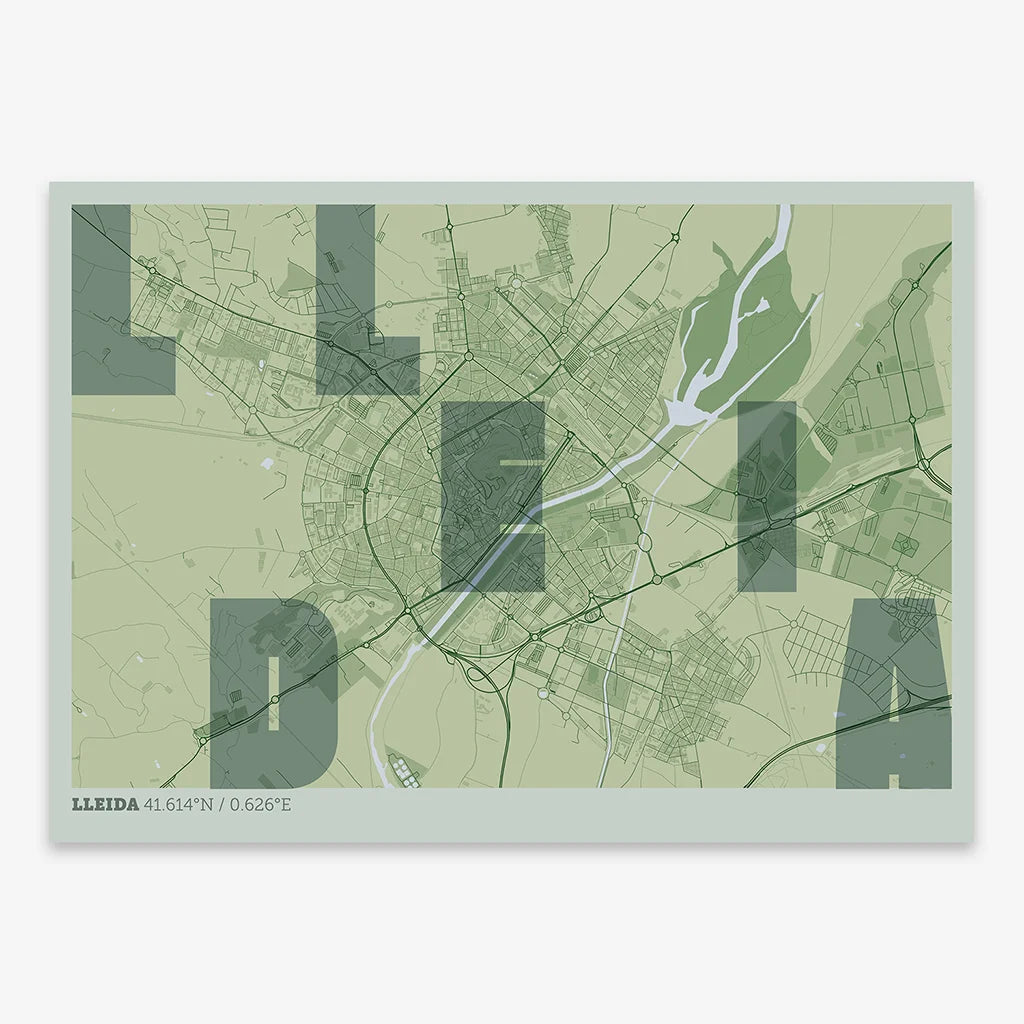 Decorative print of Lleida with letters of its name placed randomly, designed in two green tones