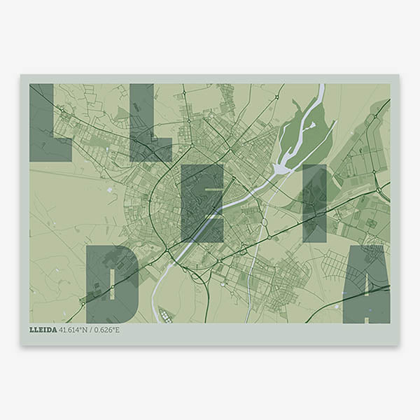 Decorative print of Lleida with letters of its name placed randomly, designed in two green tones