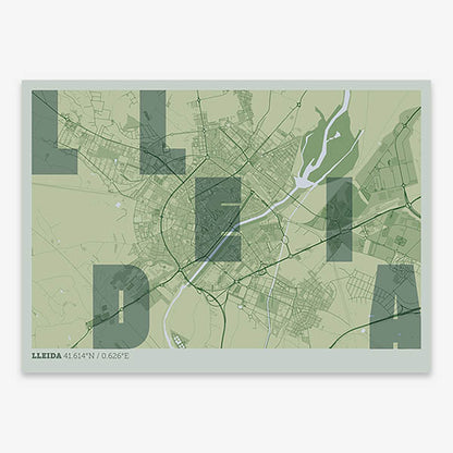 Decorative print of Lleida with letters of its name placed randomly, designed in two green tones