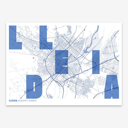 The map of Lleida with letters of its name placed randomly, designed in navy blue and white