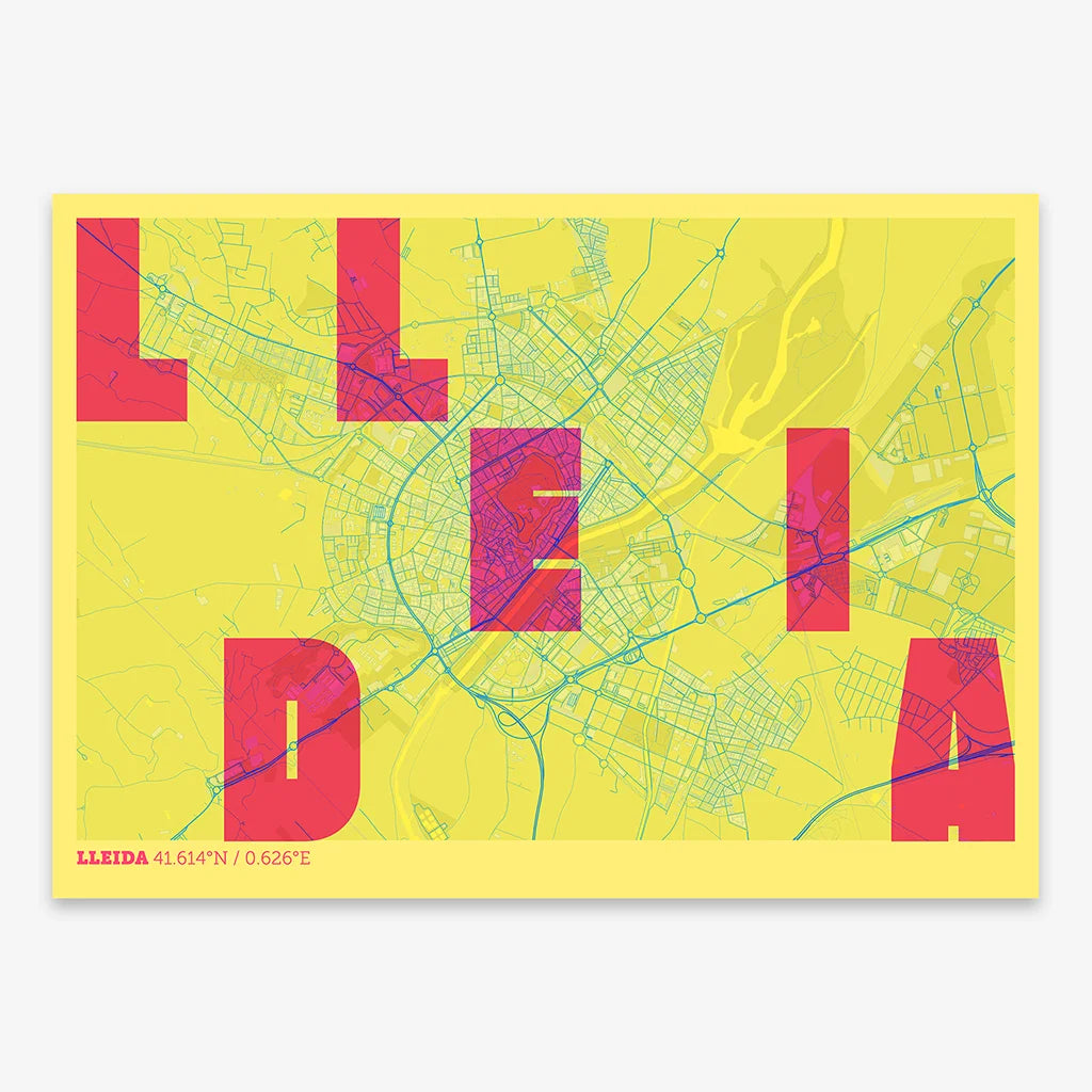 Decorative print of Lleida with letters of its name placed randomly, designed in yellow and fuchsia