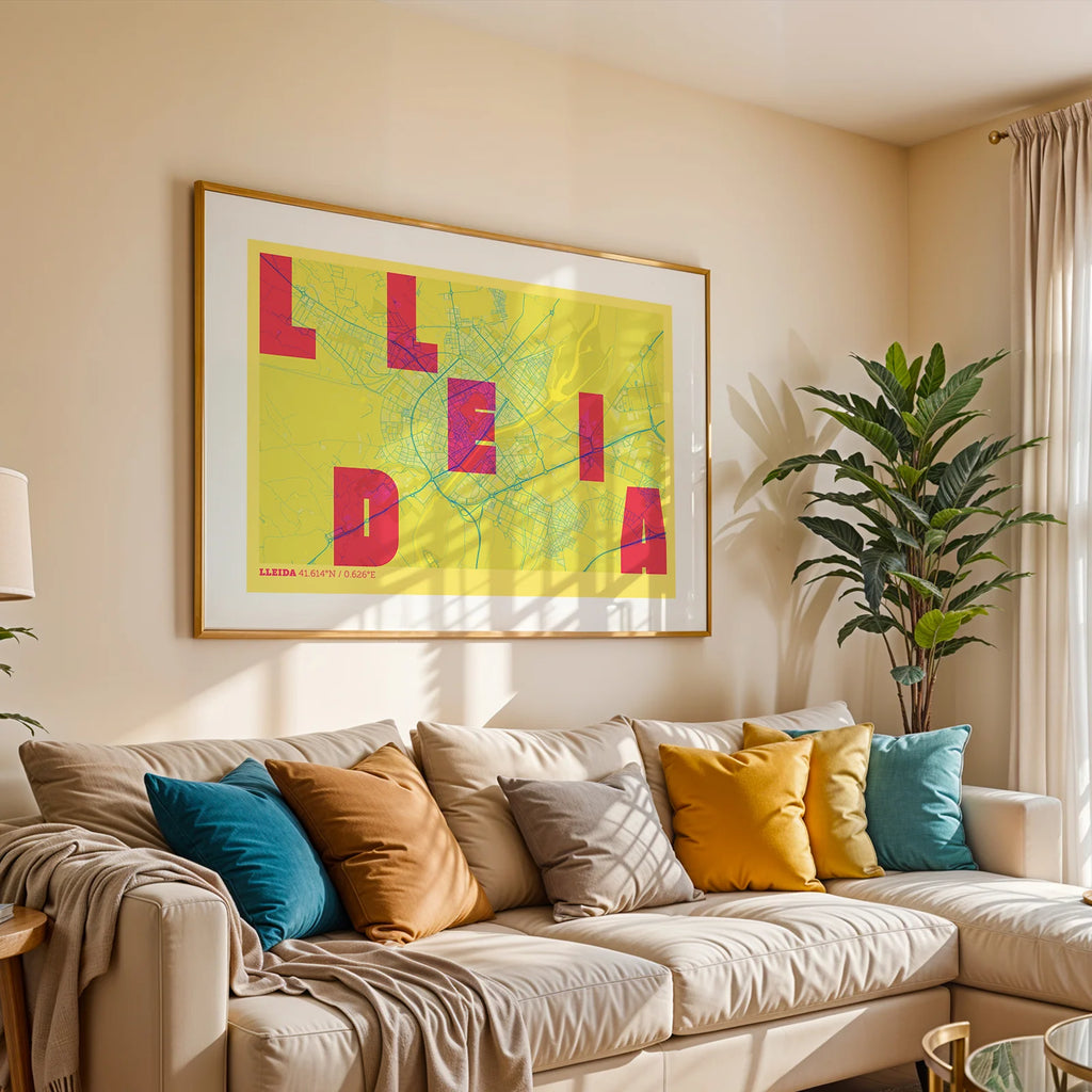 Modern interior design with a Lleida in Unruled design, where the city name letters appear randomly across different lines for a truly original urban layout designed in yellow and fuchsia, displayed on a living room wall