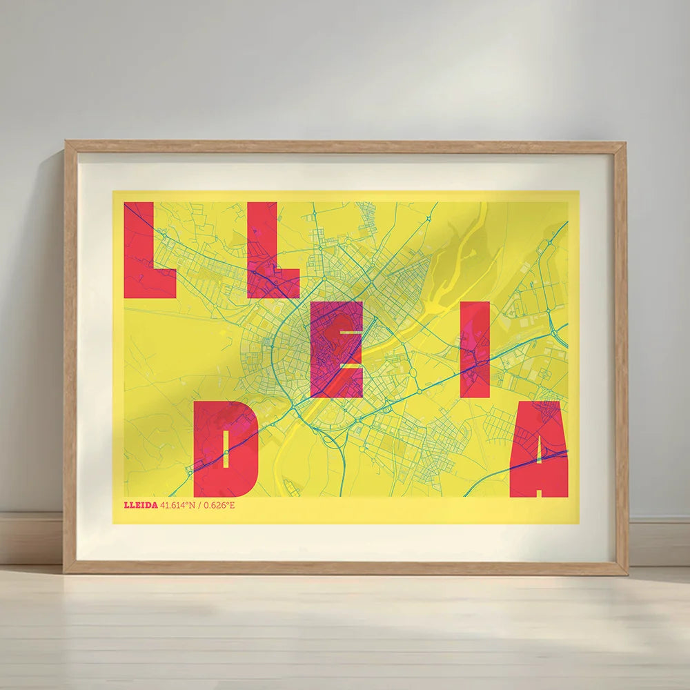 Framed Lleida in Unruled design, where the city name letters appear randomly across different lines for a truly original urban layout designed in yellow and fuchsia with a white margin border in a warm lit minimalist setting
