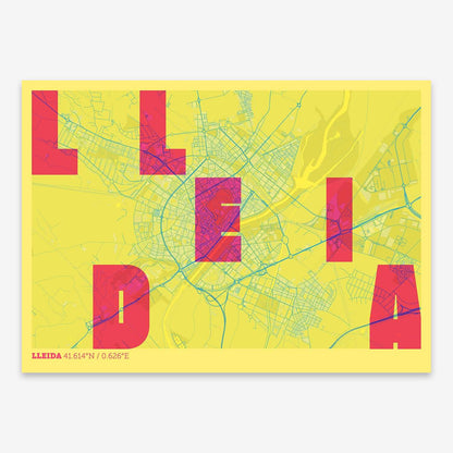 The map of Lleida with letters of its name placed randomly, designed in yellow and fuchsia