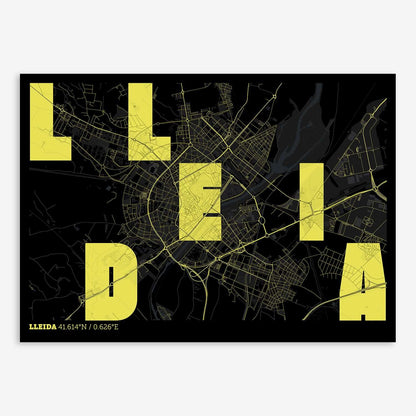 The map of Lleida with letters of its name placed randomly, designed in black and yellow