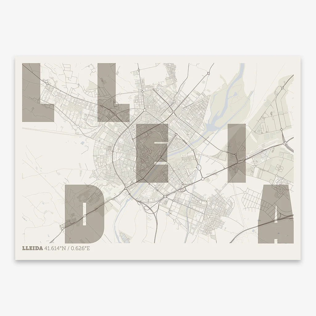 Decorative print of Lleida with letters of its name placed randomly, designed in light brown and an off-white background