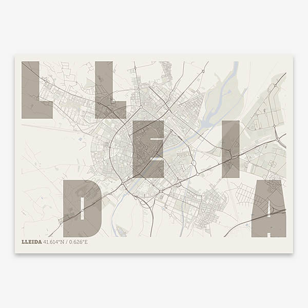 Decorative print of Lleida with letters of its name placed randomly, designed in light brown and an off-white background