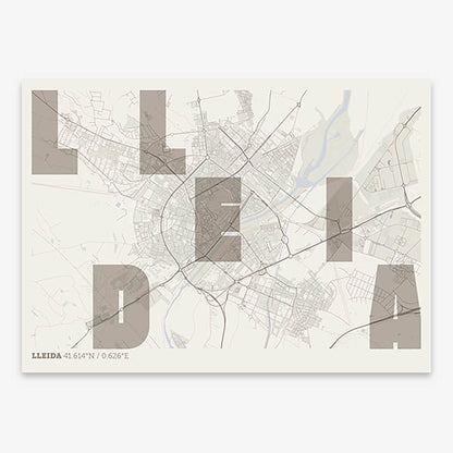 Decorative print of Lleida with letters of its name placed randomly, designed in light brown and an off-white background