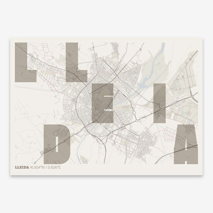 The map of Lleida with letters of its name placed randomly, designed in light brown and an off-white background