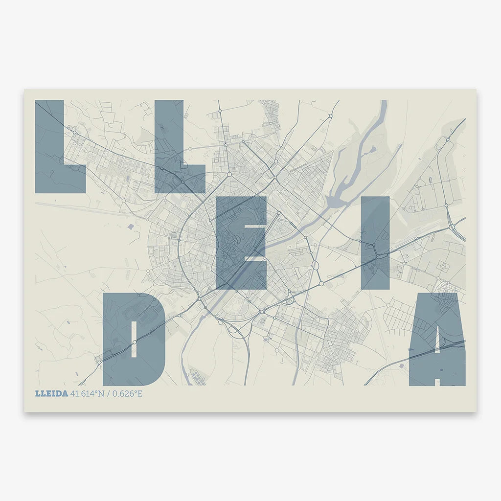 Decorative print of Lleida with letters of its name placed randomly, designed in bluish gray and an off-white background