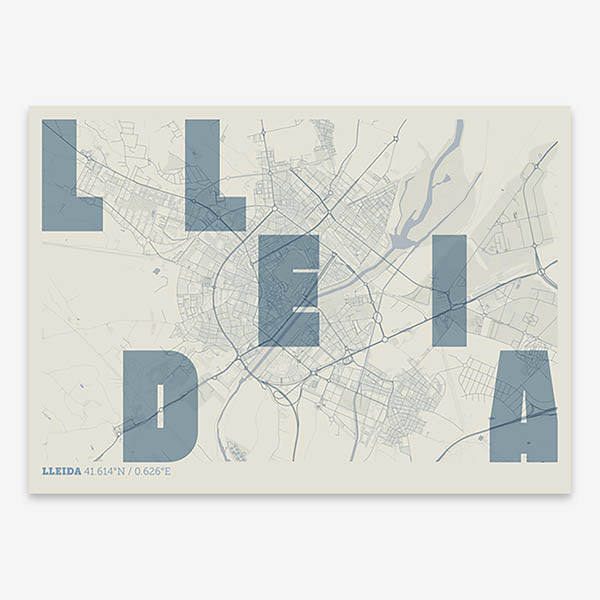 Decorative print of Lleida with letters of its name placed randomly, designed in bluish gray and an off-white background