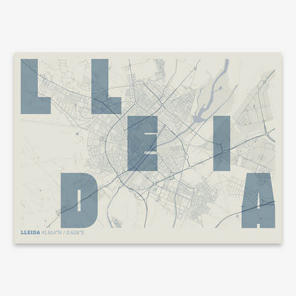 Decorative print of Lleida with letters of its name placed randomly, designed in bluish gray and an off-white background