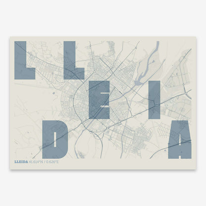The map of Lleida with letters of its name placed randomly, designed in bluish gray and an off-white background