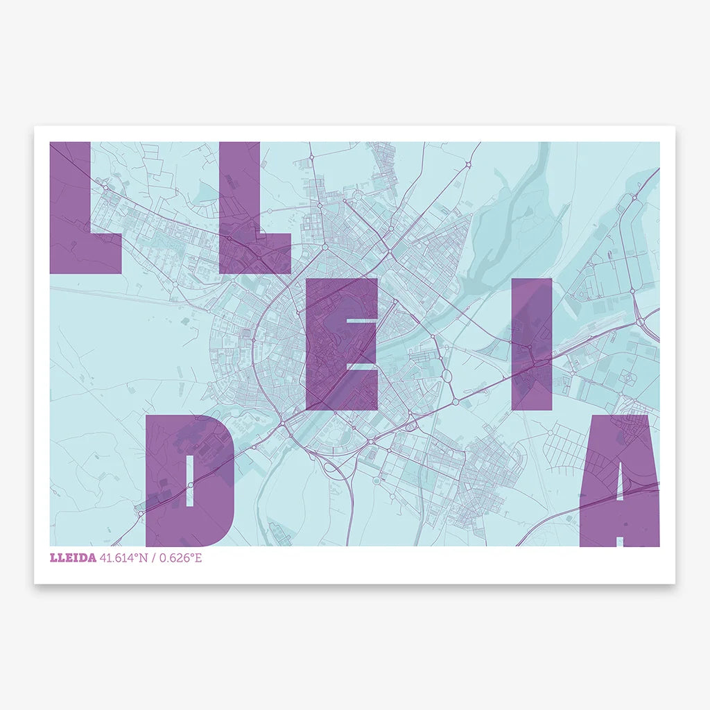 Decorative print of Lleida with letters of its name placed randomly, designed in purple and light blue