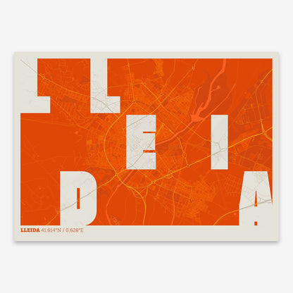 The map of Lleida with letters of its name placed randomly, designed in orange and an off-white background