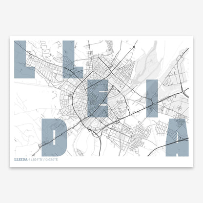 The map of Lleida with letters of its name placed randomly, designed in black and white