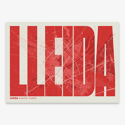 Decorative map of Lleida and letters of its name in a giclée print designed in red and an off-white background