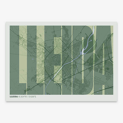 Decorative map of Lleida and letters of its name in a giclée print designed in two green tones