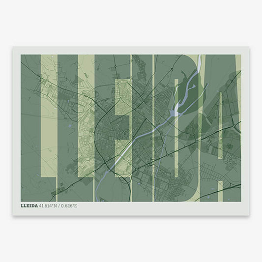 Decorative map of Lleida and letters of its name in a giclée print designed in two green tones