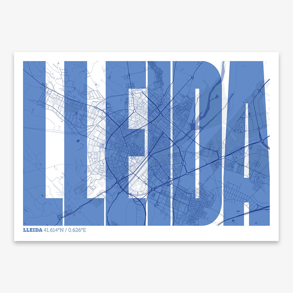 Decorative map of Lleida and letters of its name in a giclée print designed in navy blue and white