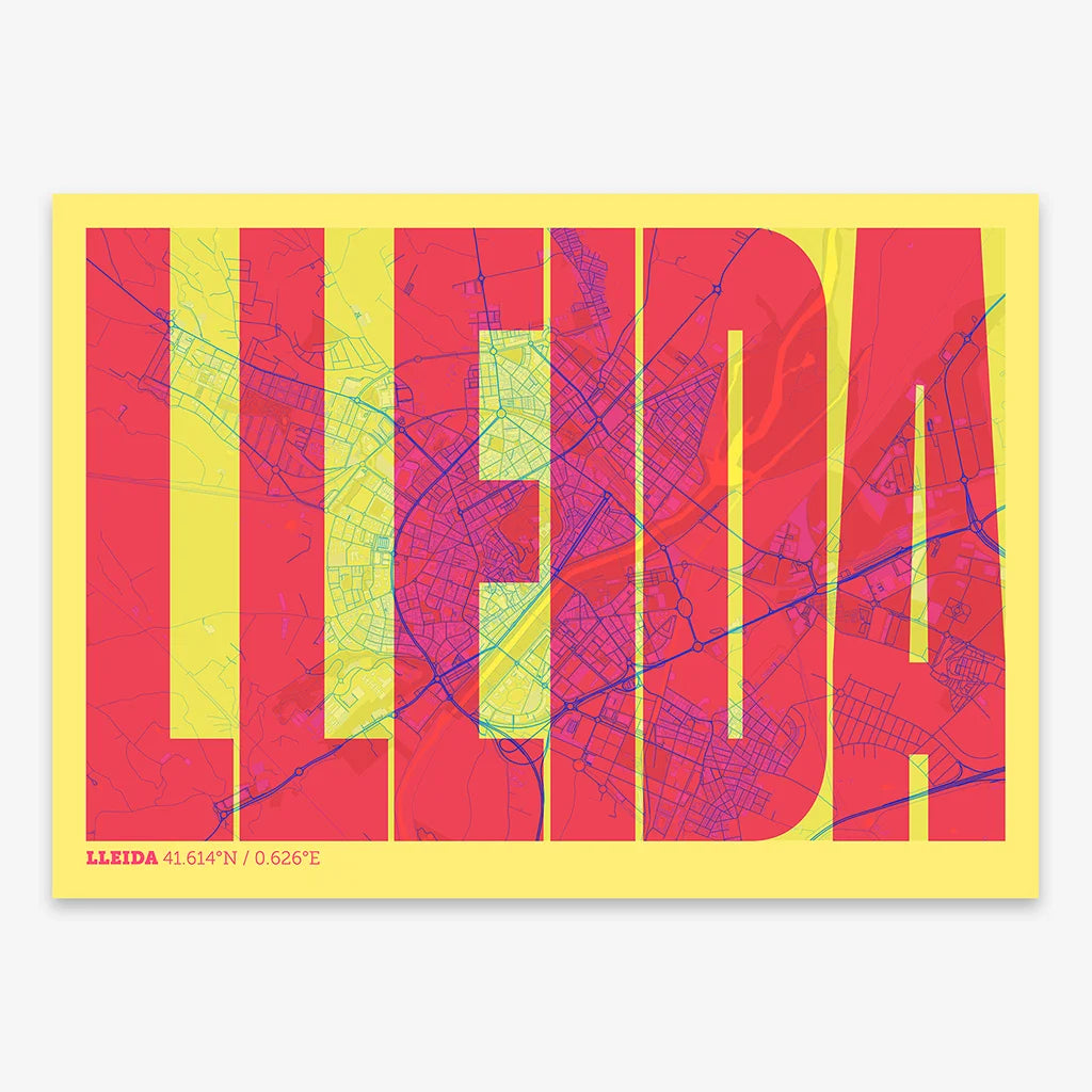 Decorative map of Lleida and letters of its name in a giclée print designed in yellow and fuchsia