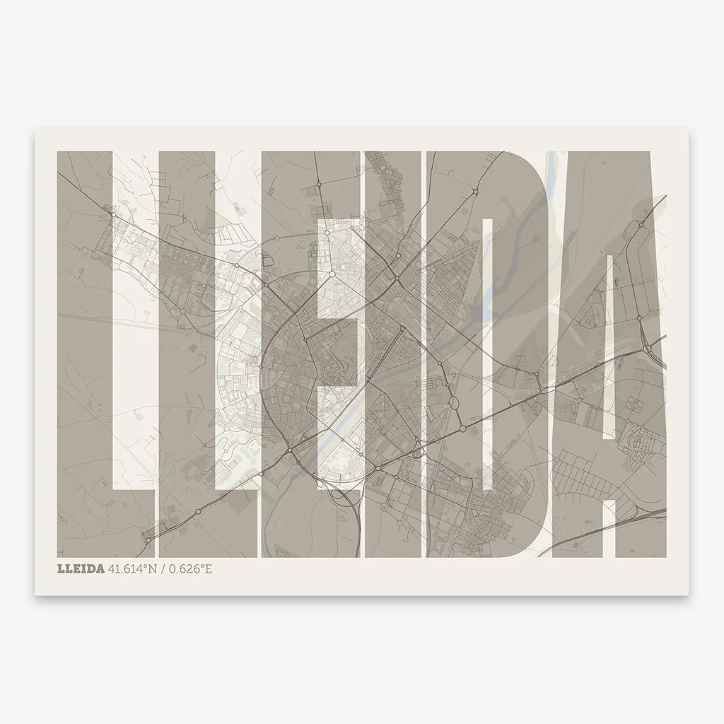 Decorative map of Lleida and letters of its name in a giclée print designed in light brown and an off-white background
