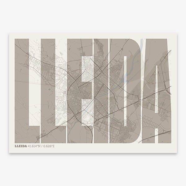 Decorative map of Lleida and letters of its name in a giclée print designed in light brown and an off-white background