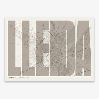 Decorative map of Lleida and letters of its name in a giclée print designed in light brown and an off-white background
