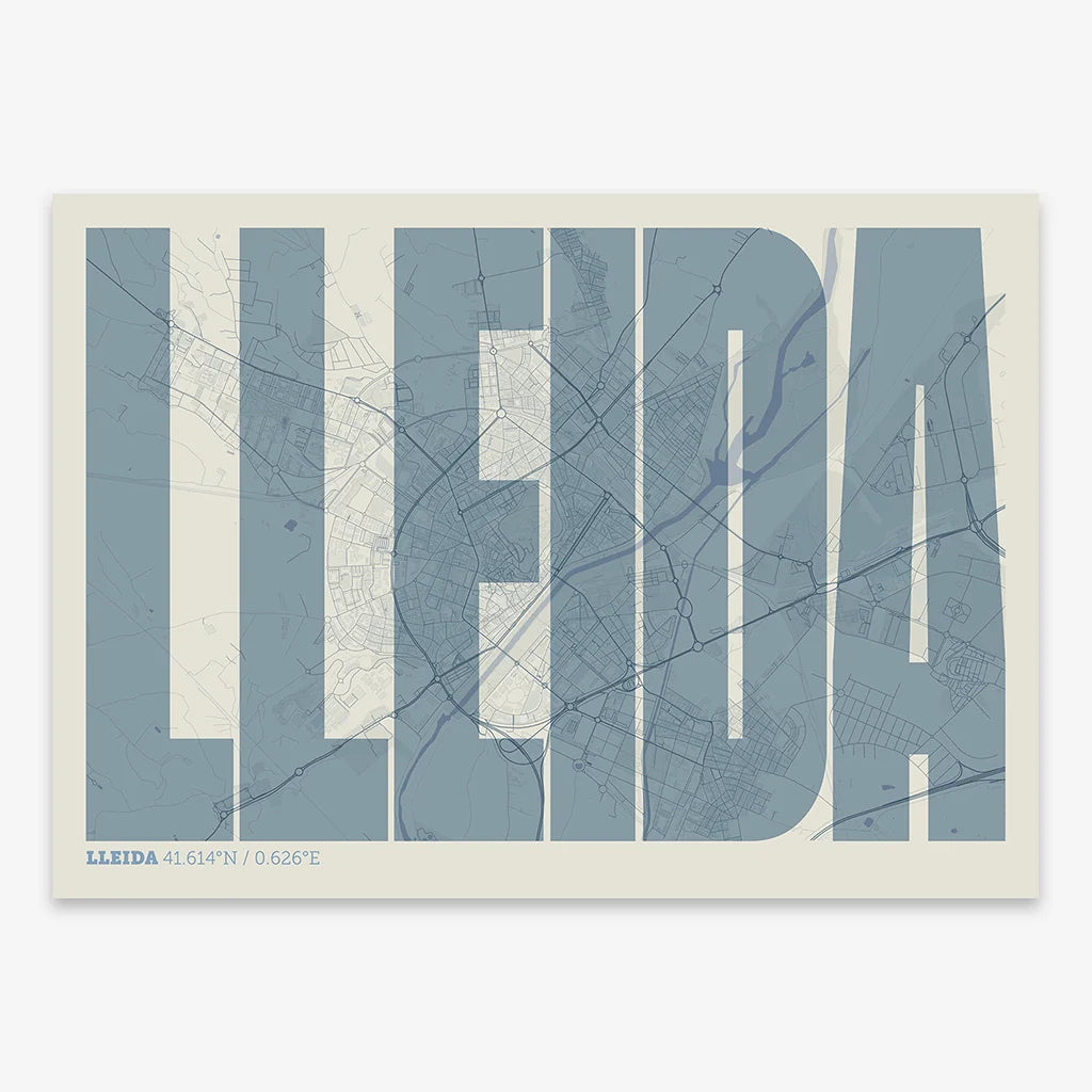 Decorative map of Lleida and letters of its name in a giclée print designed in bluish gray and an off-white background