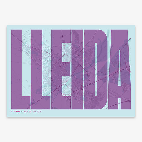 Decorative map of Lleida and letters of its name in a giclée print designed in purple and light blue