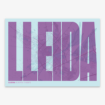 Decorative map of Lleida and letters of its name in a giclée print designed in purple and light blue