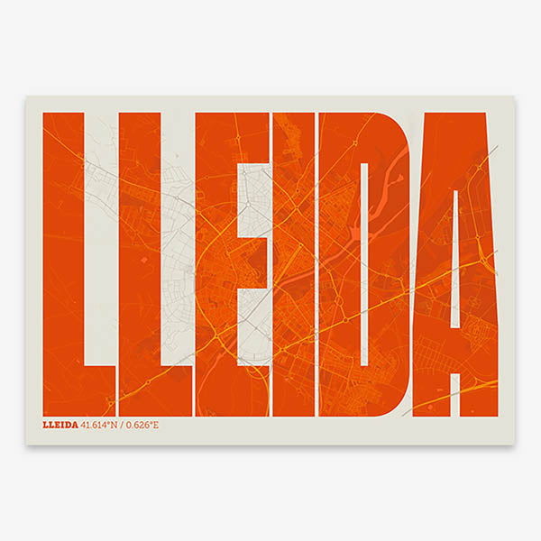 Decorative map of Lleida and letters of its name in a giclée print designed in orange and an off-white background