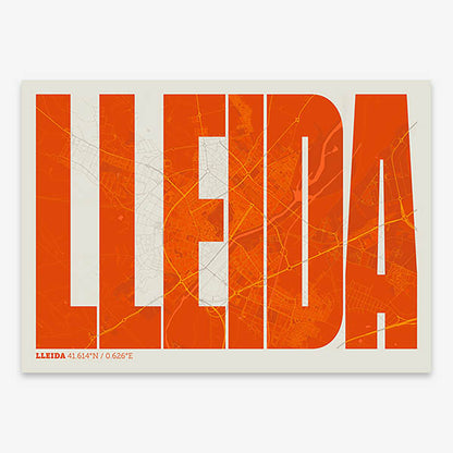 Decorative map of Lleida and letters of its name in a giclée print designed in orange and an off-white background