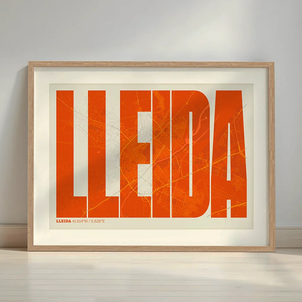 Framed Lleida in Extra Compressed design, where the letters are tightly squeezed to fit the city's map shape designed in orange and an off-white background with a white margin border in a warm lit minimalist setting