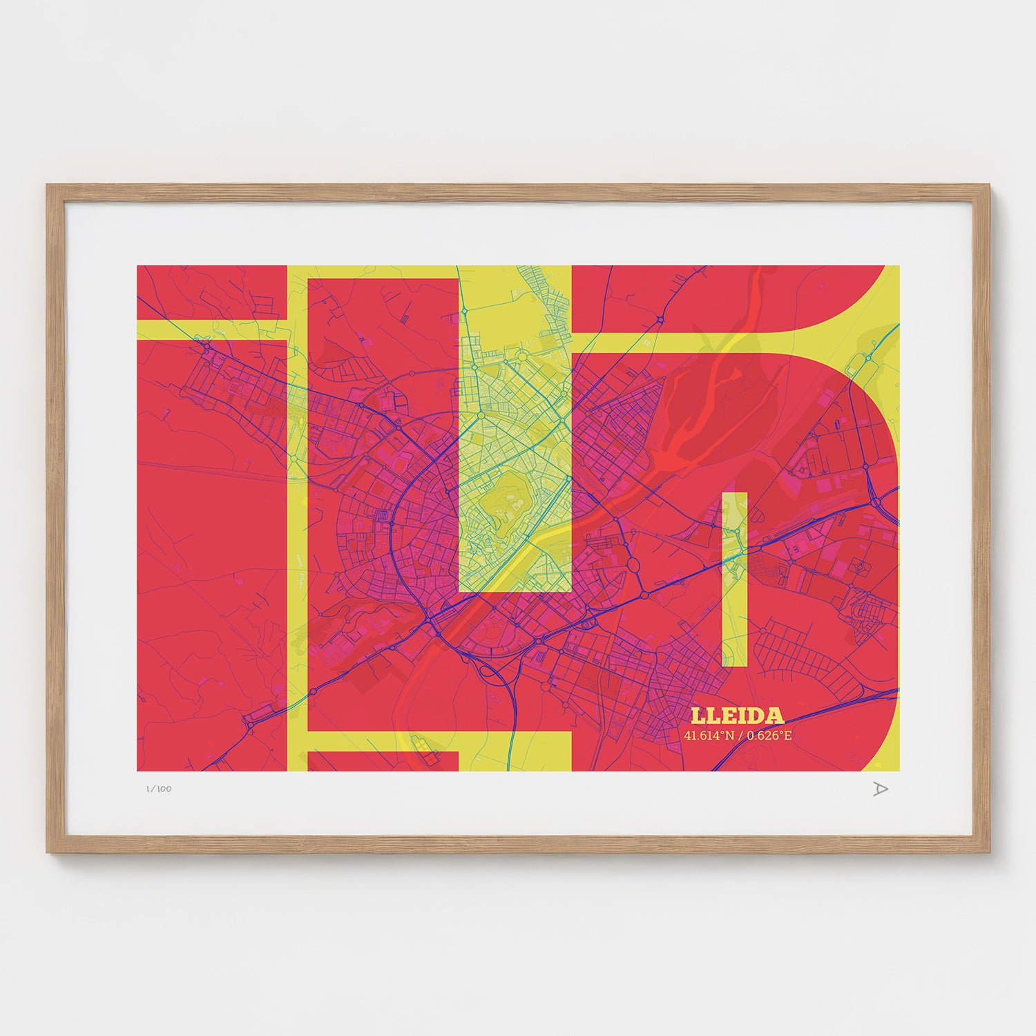 Lámina tipográfica de Lleida – diseño Inseparable, marco de madera natural