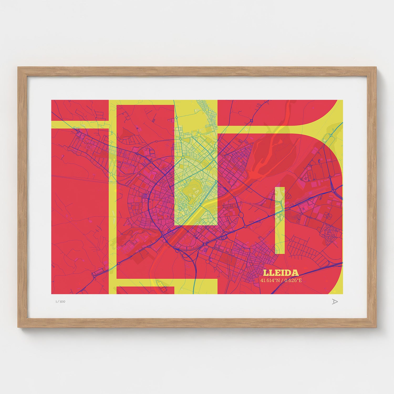 Lámina tipográfica de Lleida – diseño Inseparable, marco de madera natural
