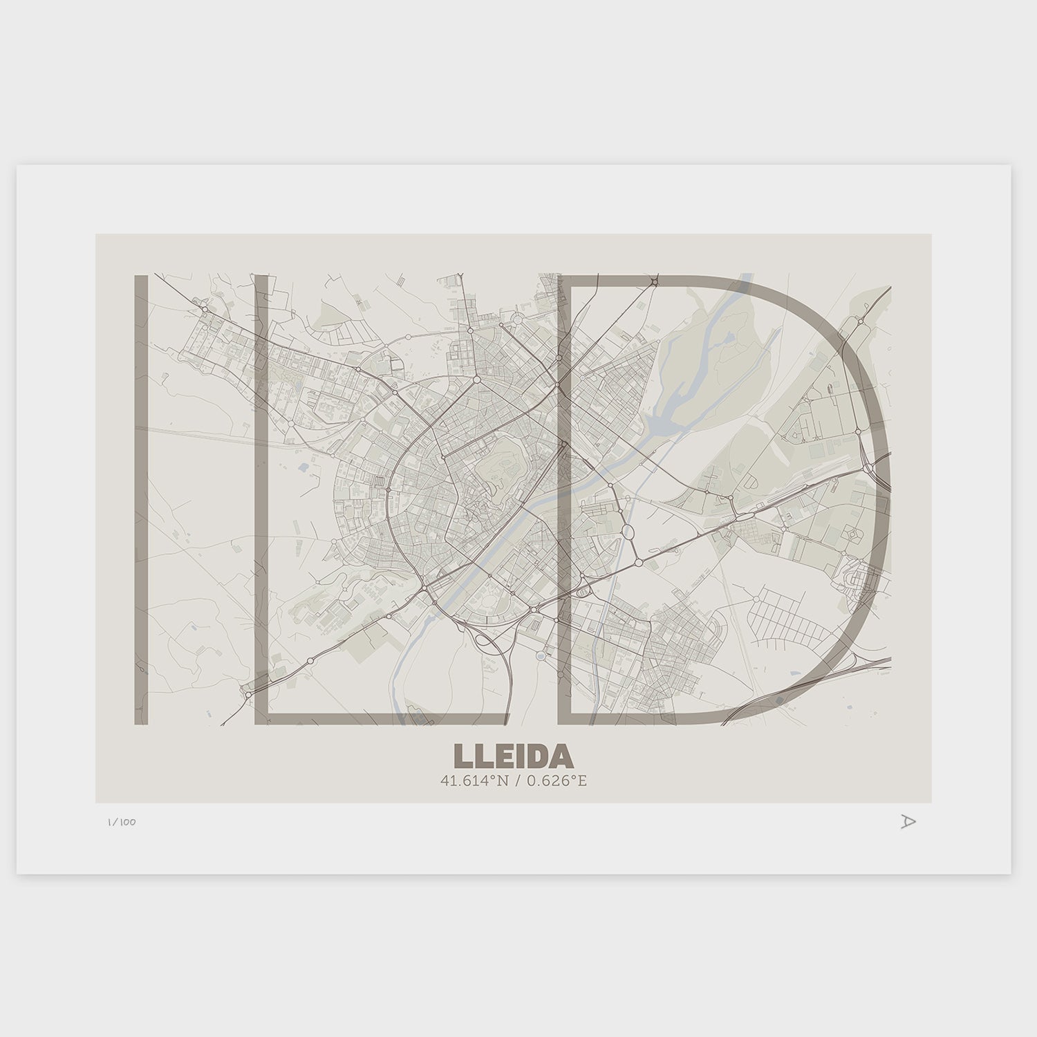 Lámina tipográfica de Lleida – diseño Ultrafina, sin marco sobre papel
