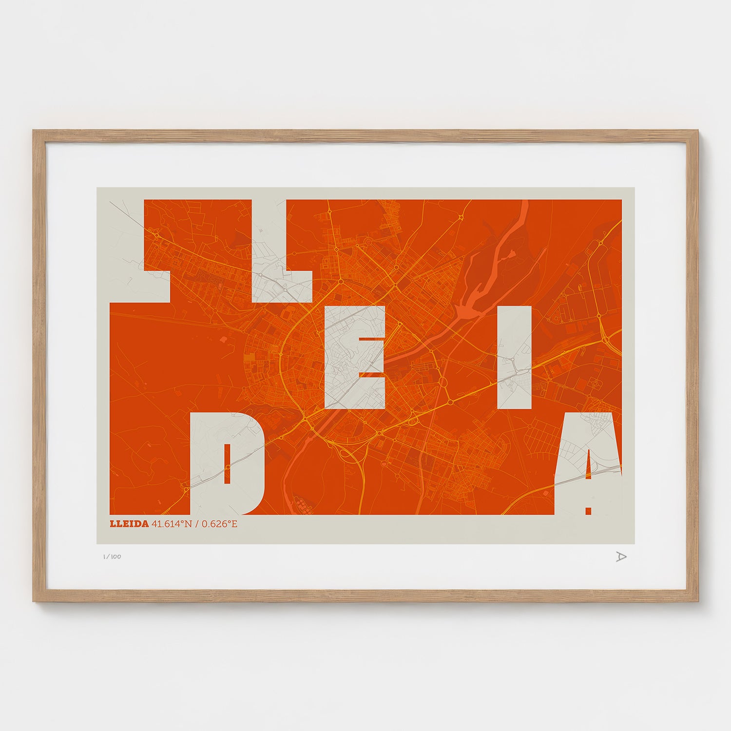 Lámina tipográfica de Lleida – diseño Revoltosa, marco de madera natural