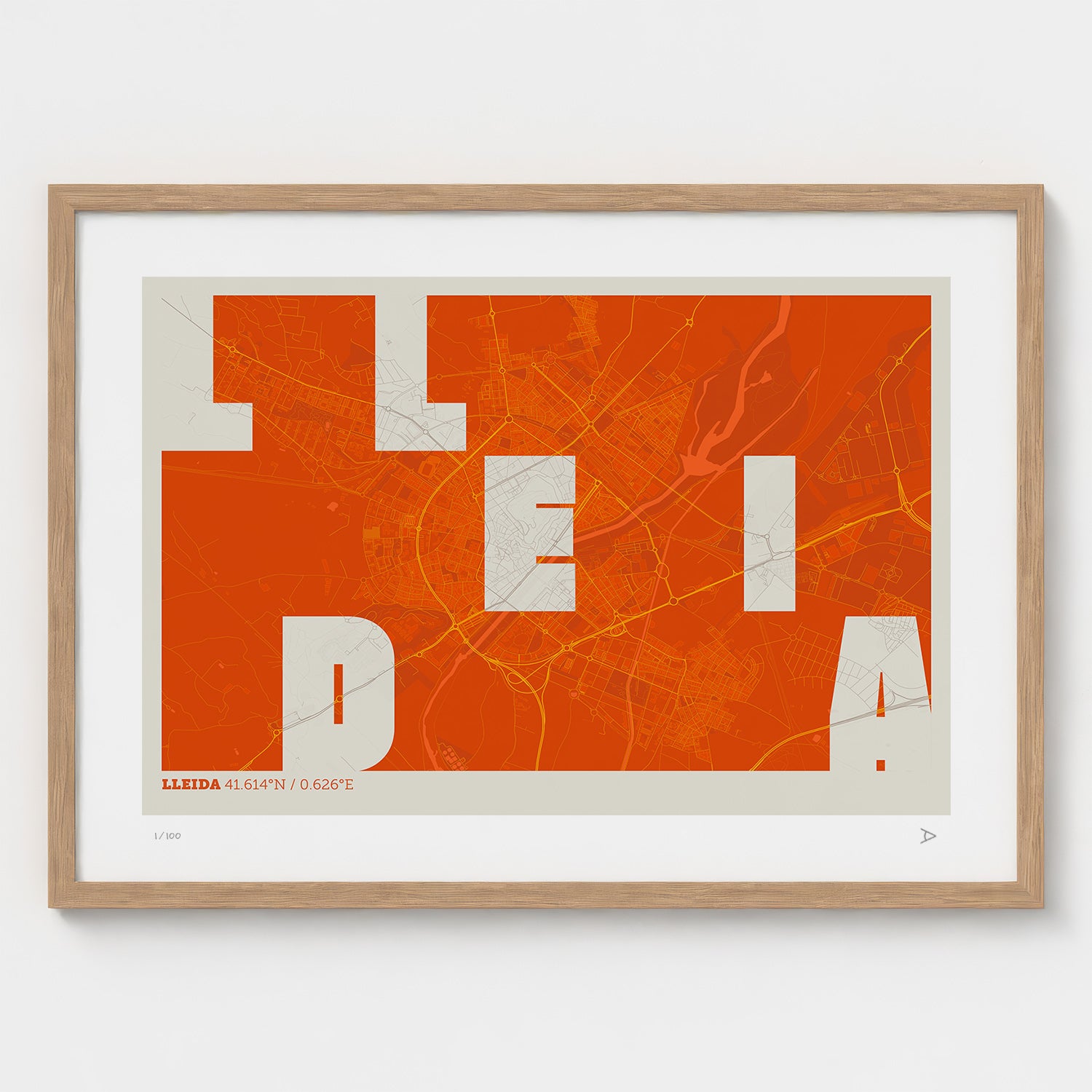 Lámina tipográfica de Lleida – diseño Revoltosa, marco de madera natural