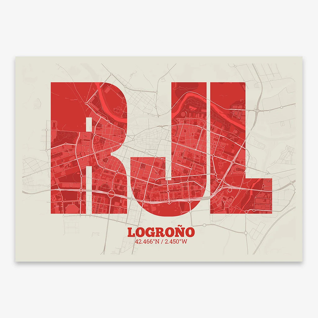 Decorative print of Logroño composed with letters in a heavy geometric font printed on red and an off-white background