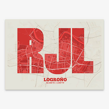 Decorative print of Logroño composed with letters in a heavy geometric font printed on red and an off-white background