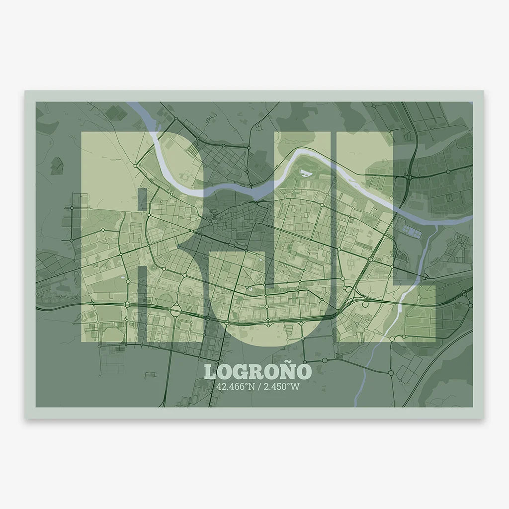 Decorative print of Logroño composed with letters in a heavy geometric font printed on two green tones