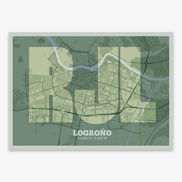 Decorative print of Logroño composed with letters in a heavy geometric font printed on two green tones