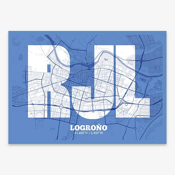 Decorative print of Logroño composed with letters in a heavy geometric font printed on navy blue and white