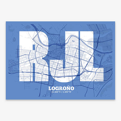 Decorative print of Logroño composed with letters in a heavy geometric font printed on navy blue and white