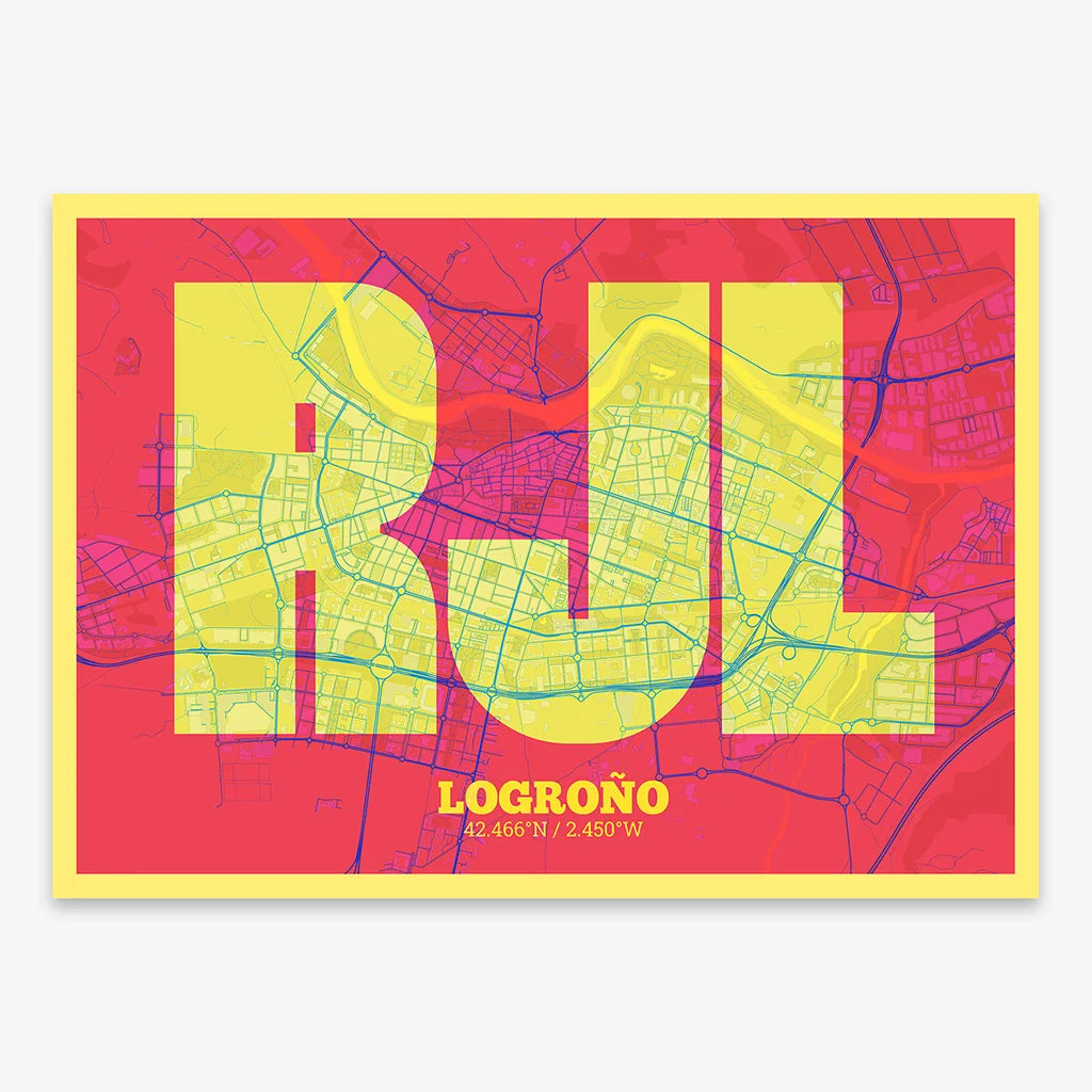 Decorative print of Logroño composed with letters in a heavy geometric font printed on yellow and fuchsia