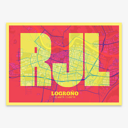 Decorative print of Logroño composed with letters in a heavy geometric font printed on yellow and fuchsia