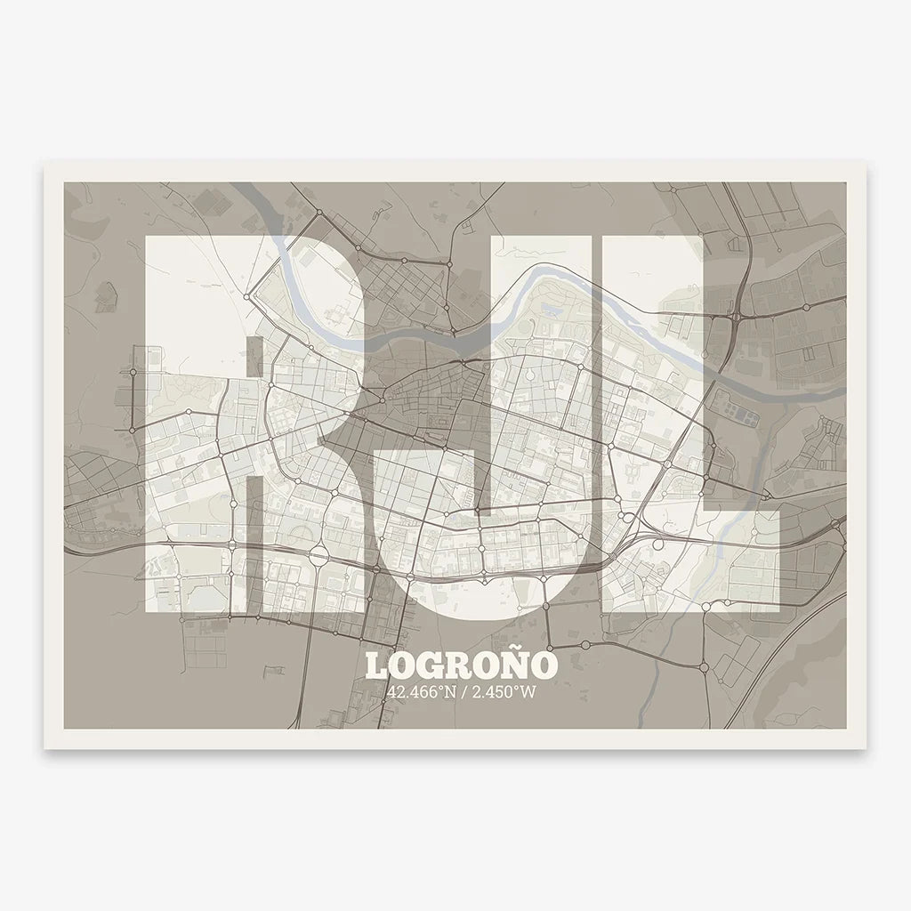 Decorative print of Logroño composed with letters in a heavy geometric font printed on light brown and an off-white background
